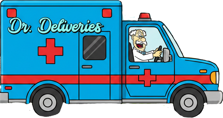 Dr. Deliveries ambulance with the doctor at the wheel
