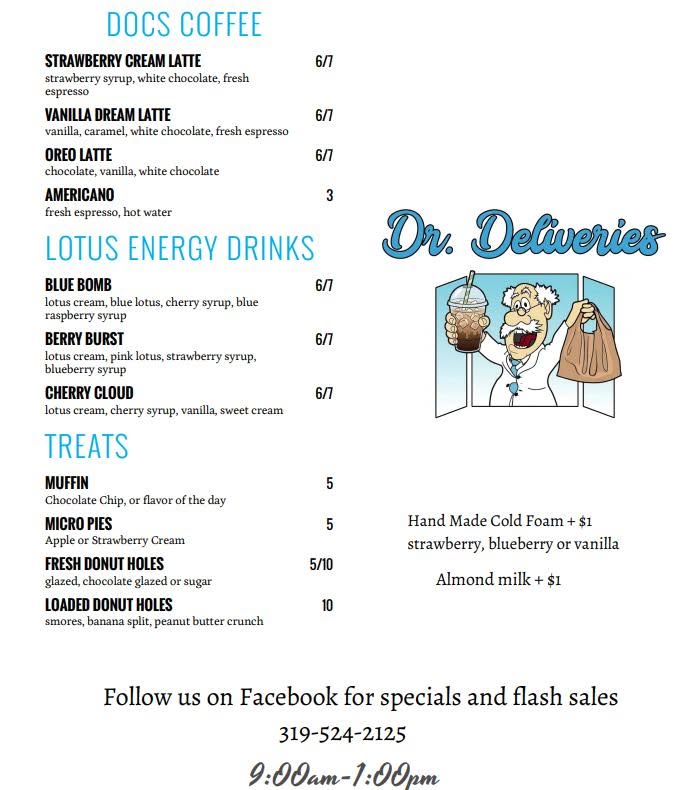Docs Coffee, Lotus Energy Drinks & Treats menu